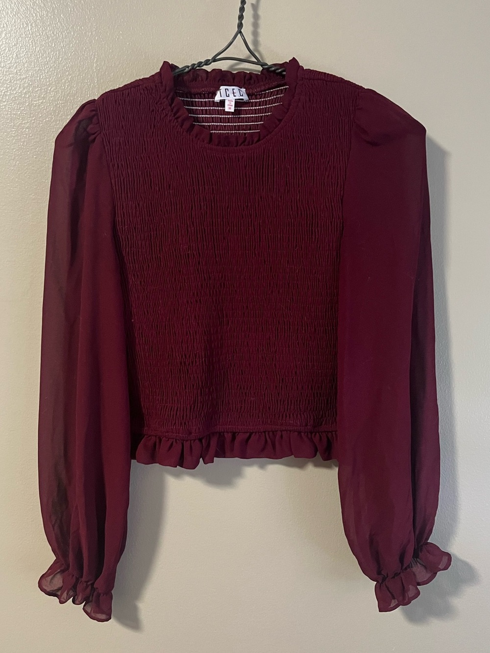TCEC Maroon Long Sleeve Ruched Blouse Top Size Medium